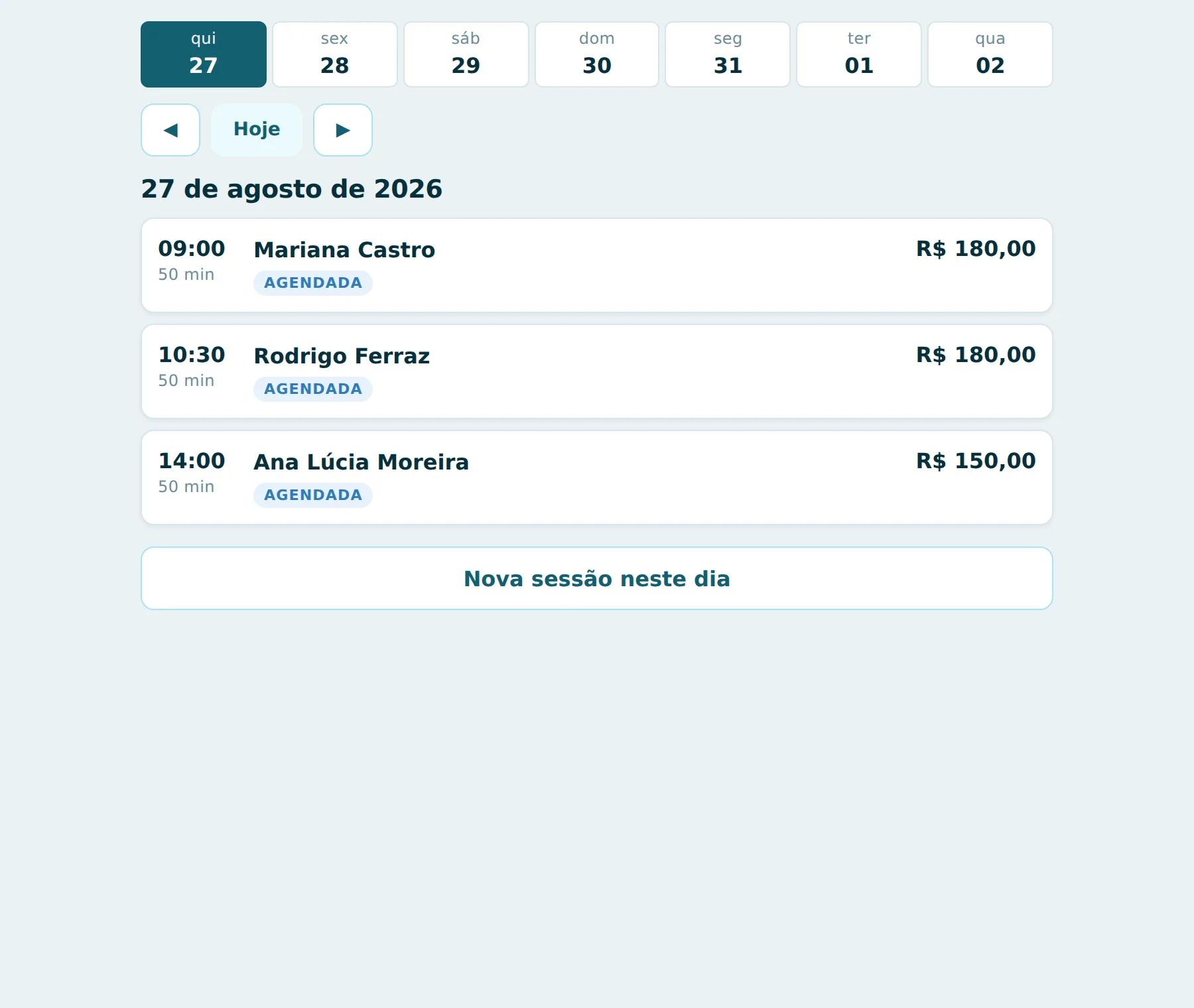 Agenda do PSI Finance com a faixa de sete dias, o dia selecionado e as sessões marcadas com status de realizada, falta e agendada