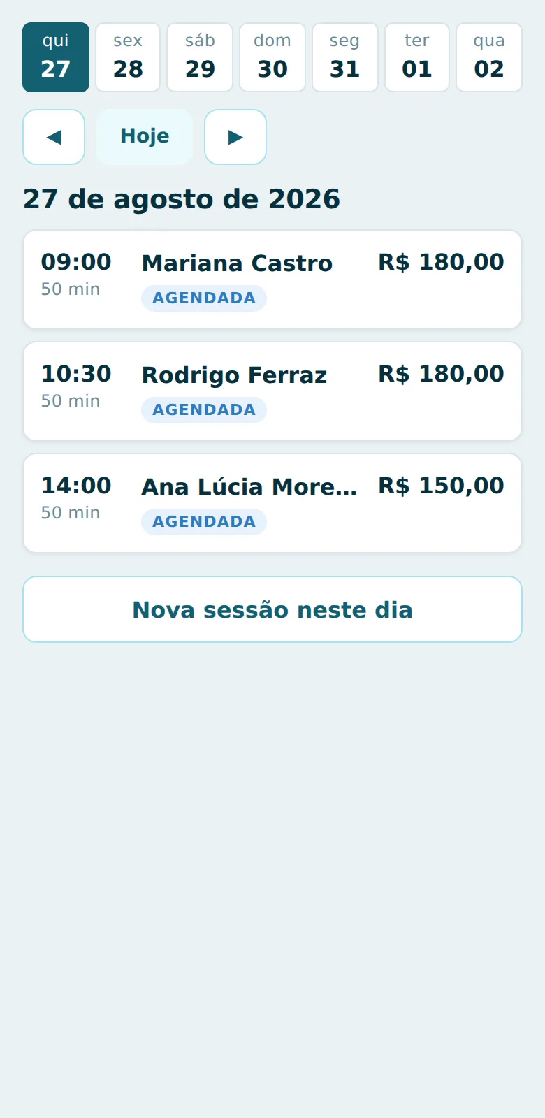 A mesma agenda do PSI Finance no celular, com a faixa de dias e as sessões do dia selecionado