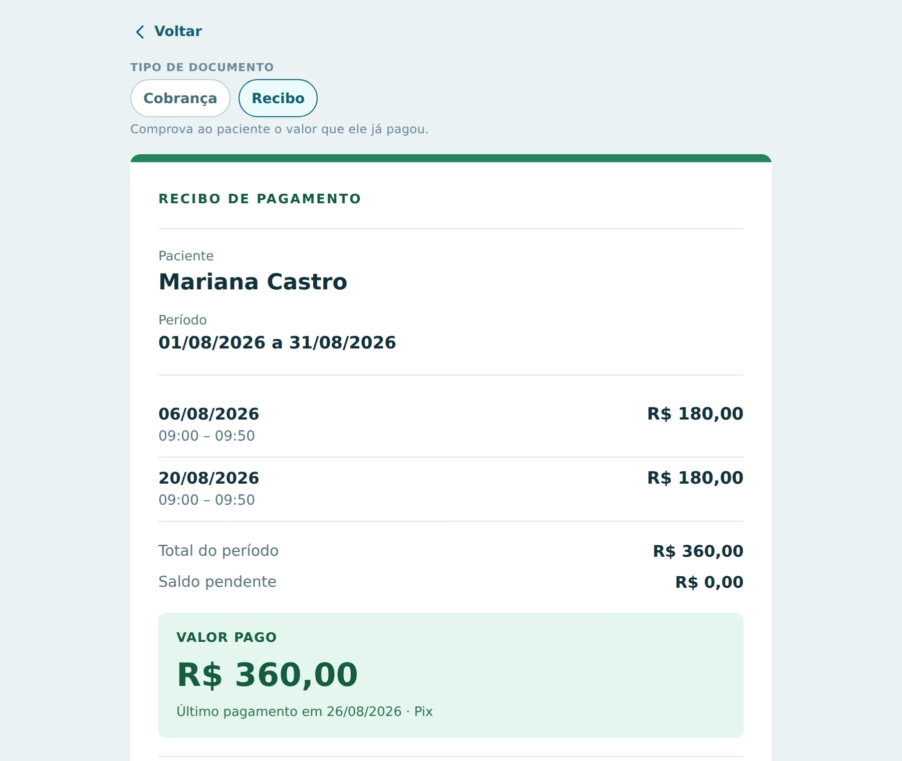 Recibo de pagamento gerado pelo PSI Finance, com nome do paciente, período, as sessões cobradas, total, saldo pendente e valor pago