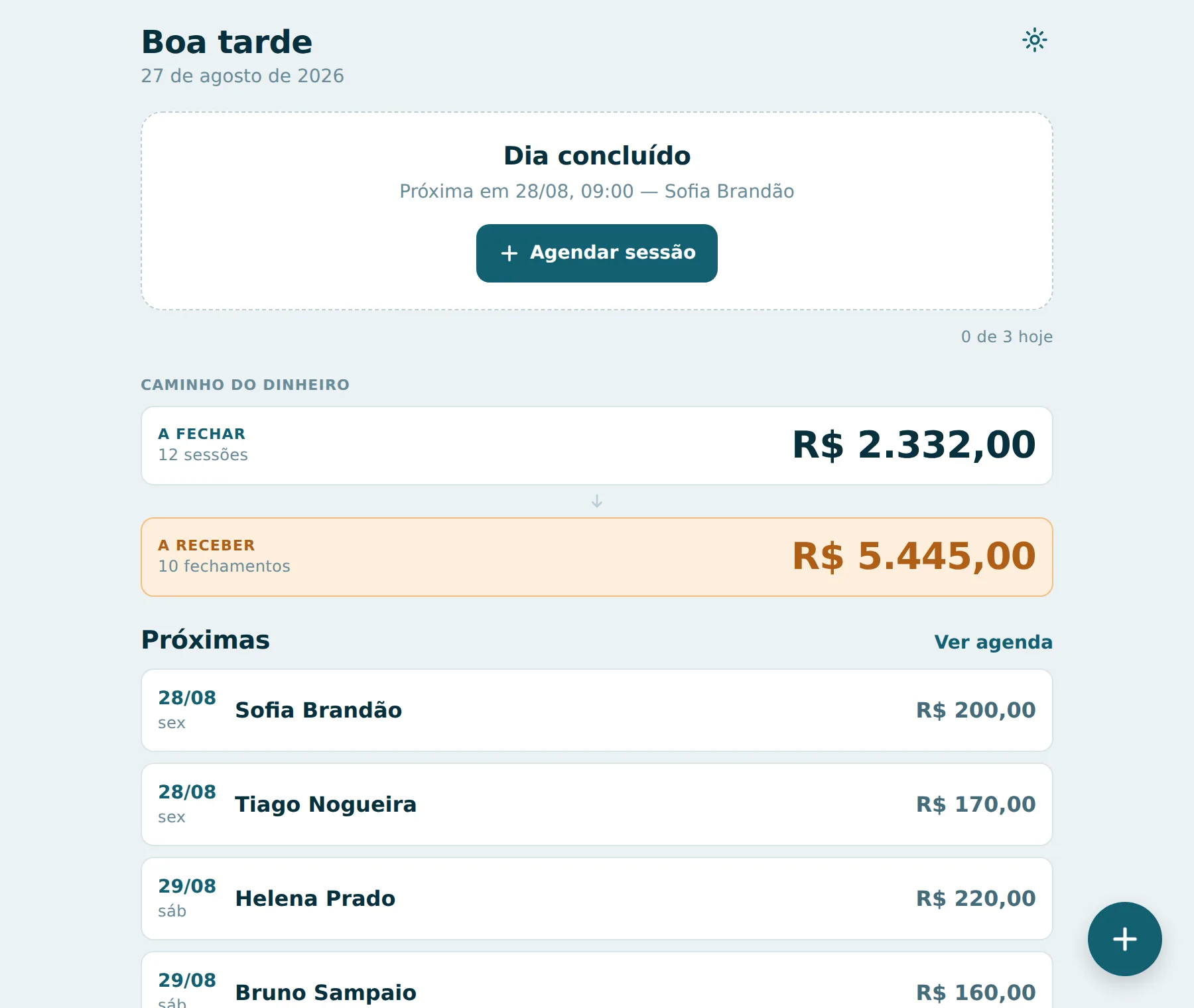 Tela inicial do PSI Finance mostrando o caminho do dinheiro, com valores a fechar e a receber, e a lista das próximas sessões