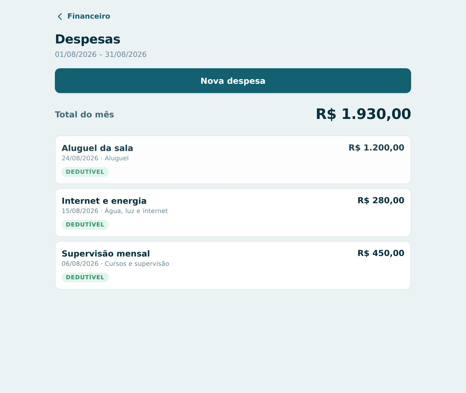 Livro caixa do PSI Finance listando as despesas do mês por categoria, com o total do período